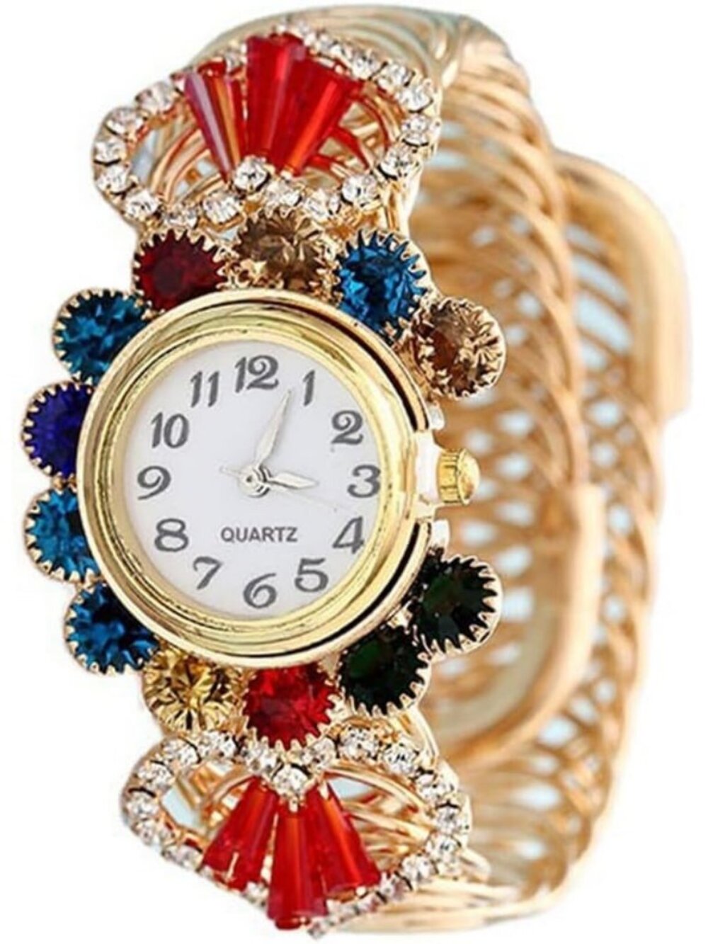 Women's Multi Gold Elegant Crystal Cuff Bangle Easy Read Analog Quartz Watches